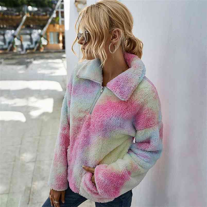 

Tie Dye Print Long Sleeve Zipper Turn-down Collar Faux Lambswool Autumn Winter Women Streetwear Solid Coat Sweatshirts 210517, Green color