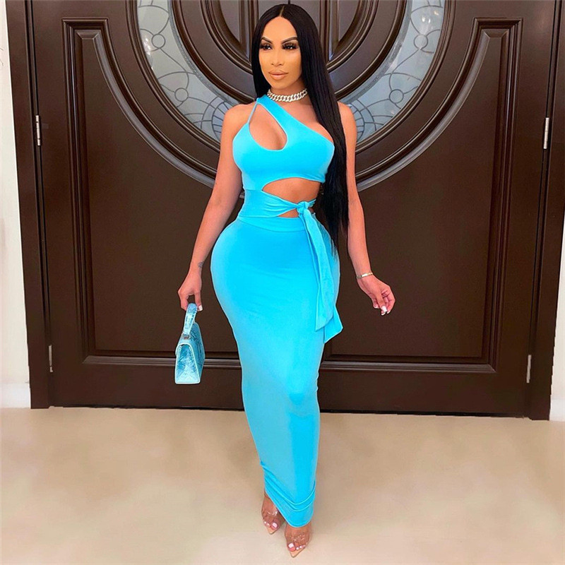 

Solid Hollow Out Ruched Sexy Women Maxi Dress 2021 Fashion Summer Sleeveless Diagonal collar Sheath Partywear Skirts, Khaki