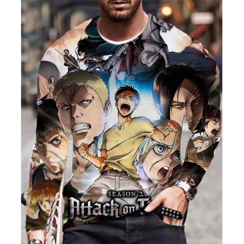 

Attack On Titan simple personality male is a 3D printed T-shirt visual impact party top streetwear round neck high-quality long-sleeved desi, White;black