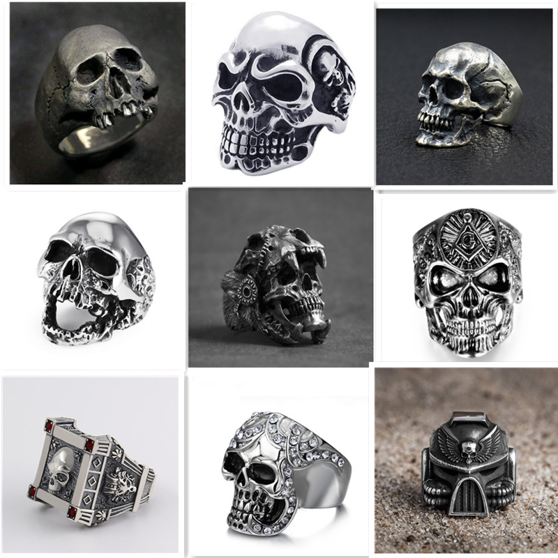 

Wholesale Gothic Skull Ring Vintage Silver Color Punk Biker Metal Jewelry Rock Skeleton Rings Size 16mm to 22mm Mix Style