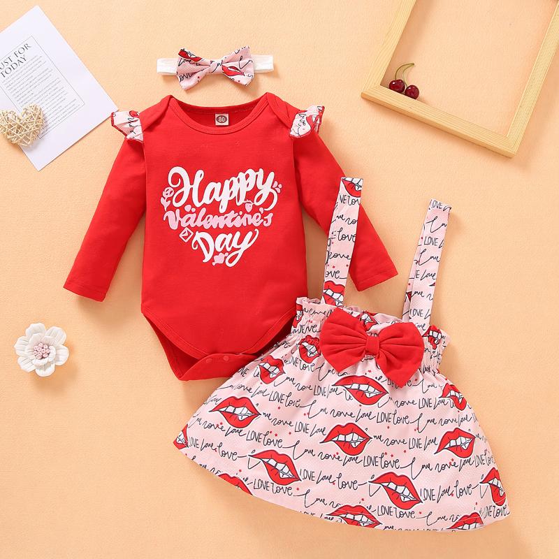 

Clothing Sets Toddler Baby Girls Clothes Set Valentines Day Outfits Letter Printing Long Sleeve Romper Tops Print Suspender Bow Skirt, White