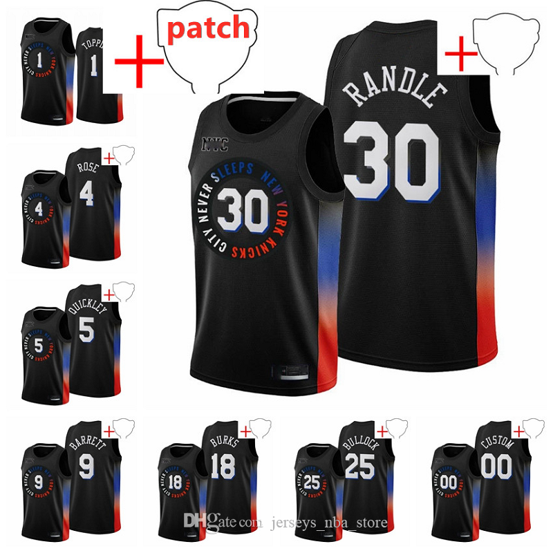 

New YorkKnicksMen Derrick 4 Rose Black Julius 30 Randle RJ 9 Barrett 18 Alec Burks 5 Immanuel Quickley 25 Reggie Bullock 2021 Playoffs Baske, Black;red