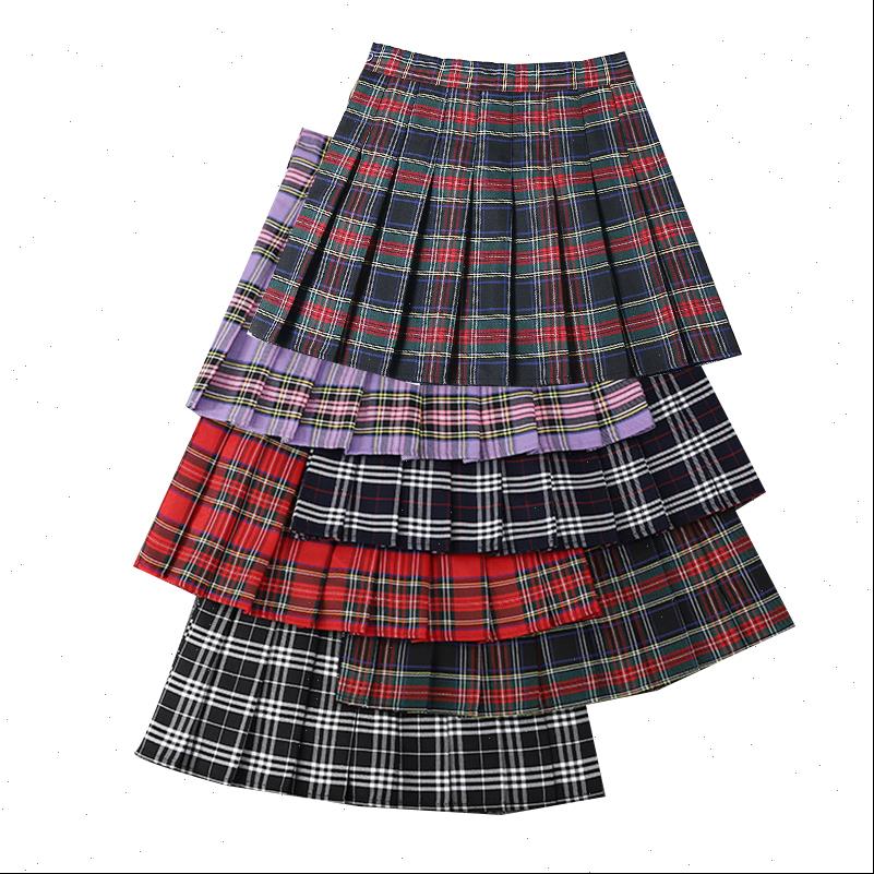 

high waist a line plaid women skirt summer pleated fashion chic girls mini slim tennis, Black