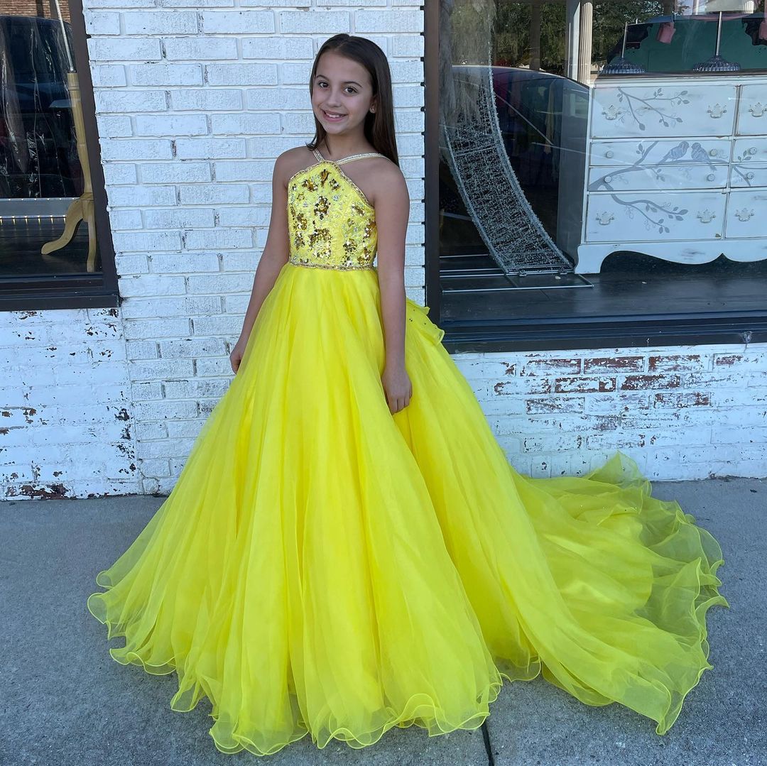

Yellow Pageant Dress for Infant Toddlers Teens 2021 Beading Bodice ritzee roise Organza Long Little Girl Kid Formal Party Gown Zipper V-Back Crystals Sequin Halter, Hunter