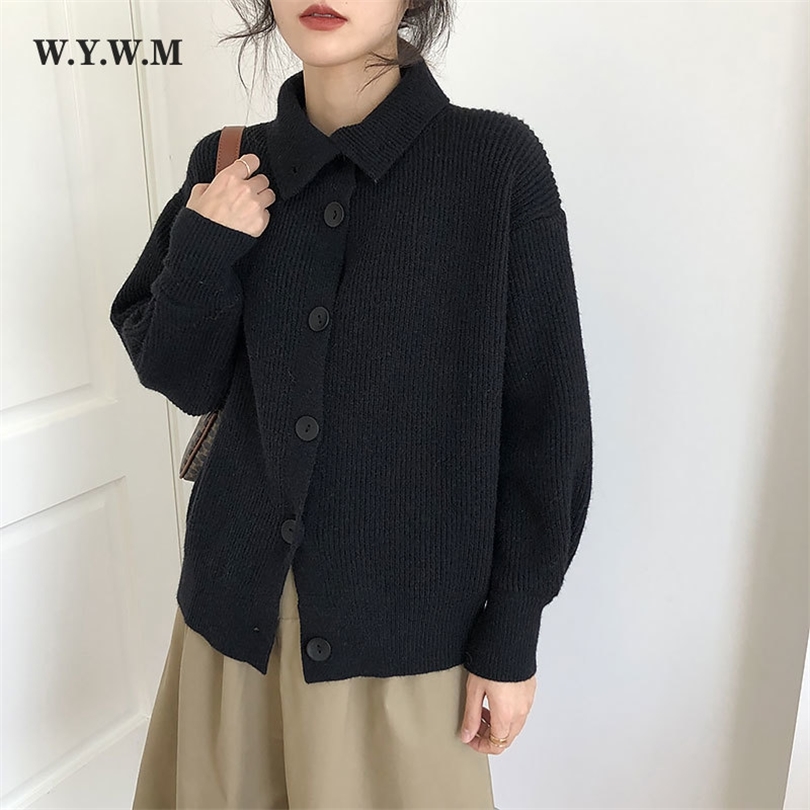 

WYWM Coarse Yarn Striped Knitted Cardigans Women Elegant Vintage Lazy Oaf Sweater Coat Turtleneck Long Sleeve Female Jumpers 211018, Black