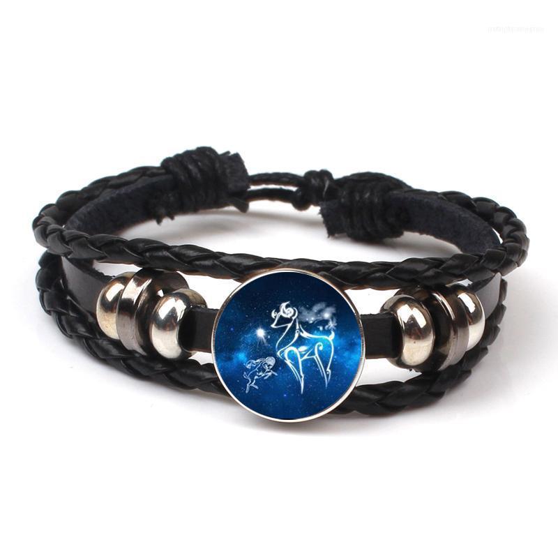 

Bangle Fashion Vintage 12 Constellation Zodiac Sign Leather Bracelet Punk Glass Dome Buckle Women Men Souvenir Gift Kid1