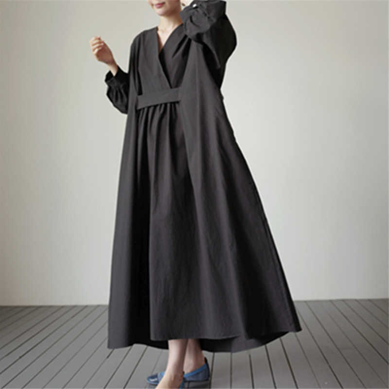 

Loose Plus-sized Dresses Korean-Style Mid Calf Pullover College-Style V Neck A Line Solid for Women 210615, Beige