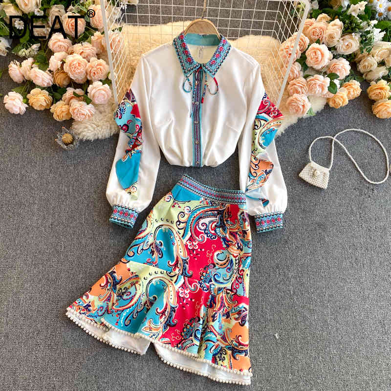 

Women Mermaid Skirt Arrivals Lapel Long Sleeve Printing Short Two Piece Set Fashion Spring Summer 11D66 210525, White