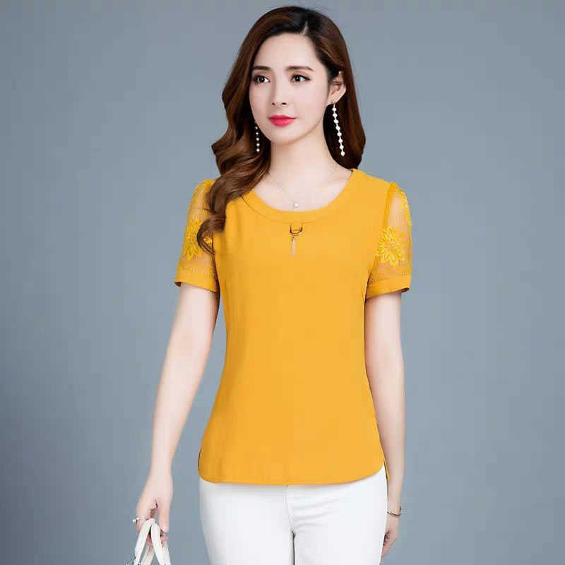 

Women Spring Summer Style Chiffon Lace Blouses Shirts Lady Casual Short Sleeve O-Neck Blusas Tops DF2890 210609, Yellow