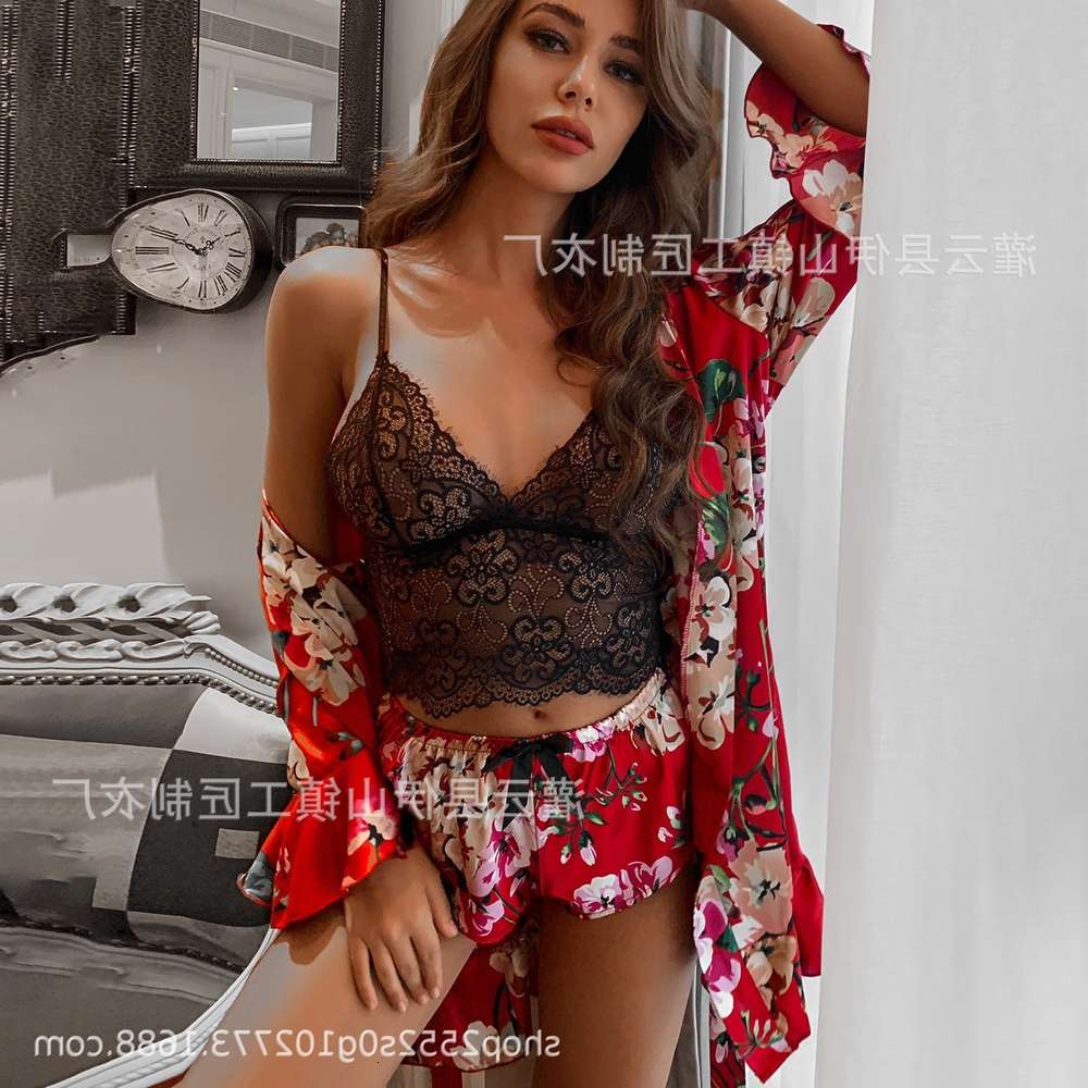 

Sexy Lace Underwear suspender three point chest wrapped printing underwear bathrobe suit