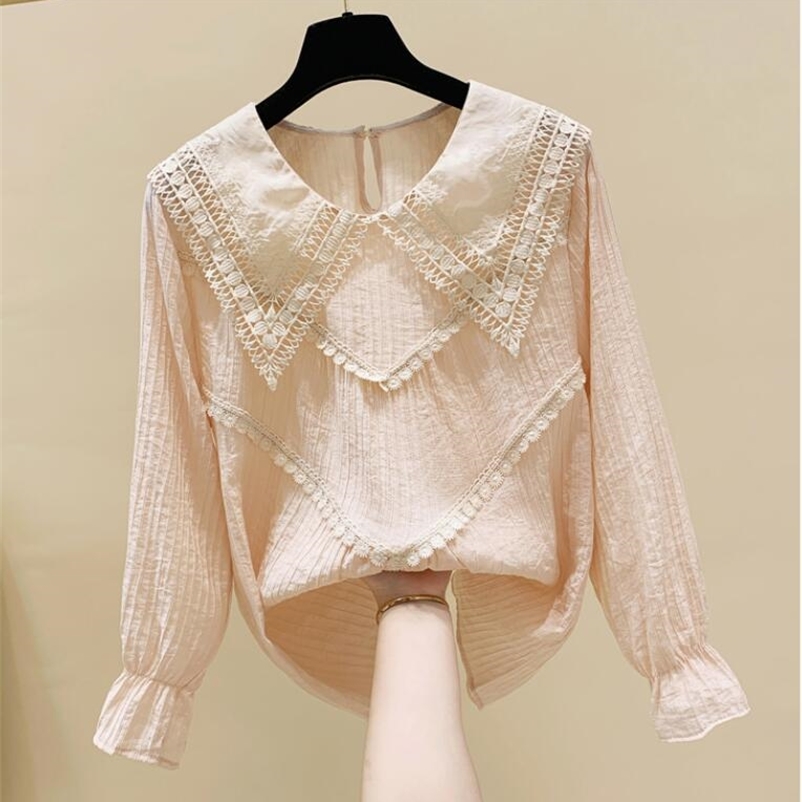 

Korean Style Autumn Fashion Women' Flare Long Sleeves Lace Hollow Out Doll Collar Shirts Ladies Shirt Blouse Tops A4000 210519, Apricot