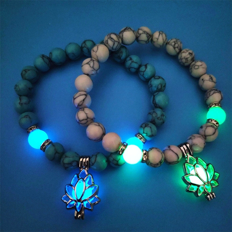 

Luminous Natural Stones Glowing In The Dark Bracelet Lotus Flower Shaped Charm Bracelet for Women Yoga Prayer Buddhism Jewelry, Black