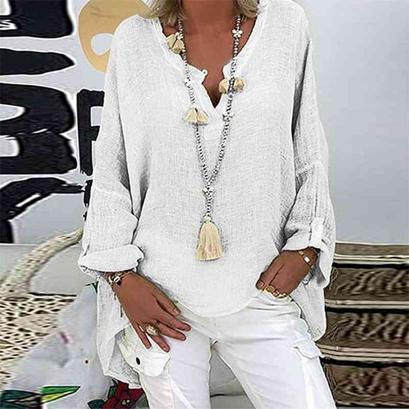

Women's Cotton hemp V-neck large top with adjustable cuffs long sleeve autumn shirt, Black