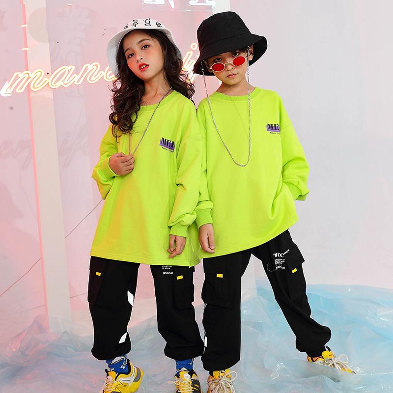 

Stage Wear Rave Outfit Hip Hop Dance Clothing Kids Jogger Fluorescent Green Jazz Costume Street Dancewear Performance, Tops