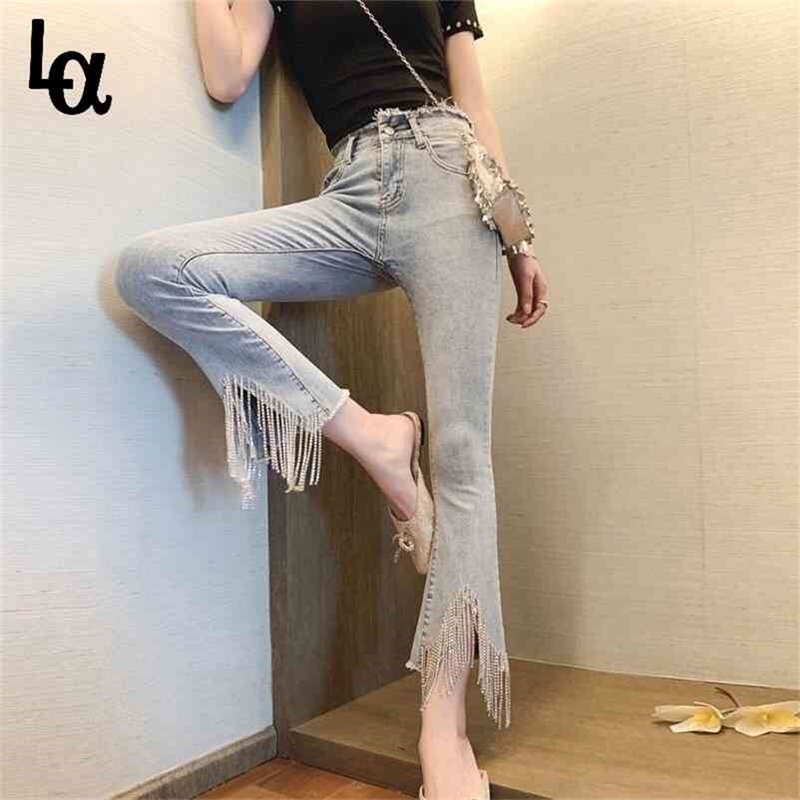 

Petite Ankle Elastic Denim Pants Women Jeans With Beads Tassel Rhinestones Vintage Skinny High Waist Stretchy 210519, Single row