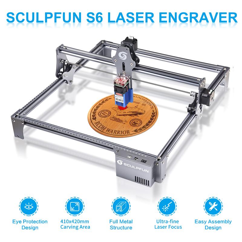 

Printers SCULPFUN S6 30W Laser Engraver Eye Protection Desktop Engraving Cutting Machine 410x420mm Fixed-focus And Sliding Device
