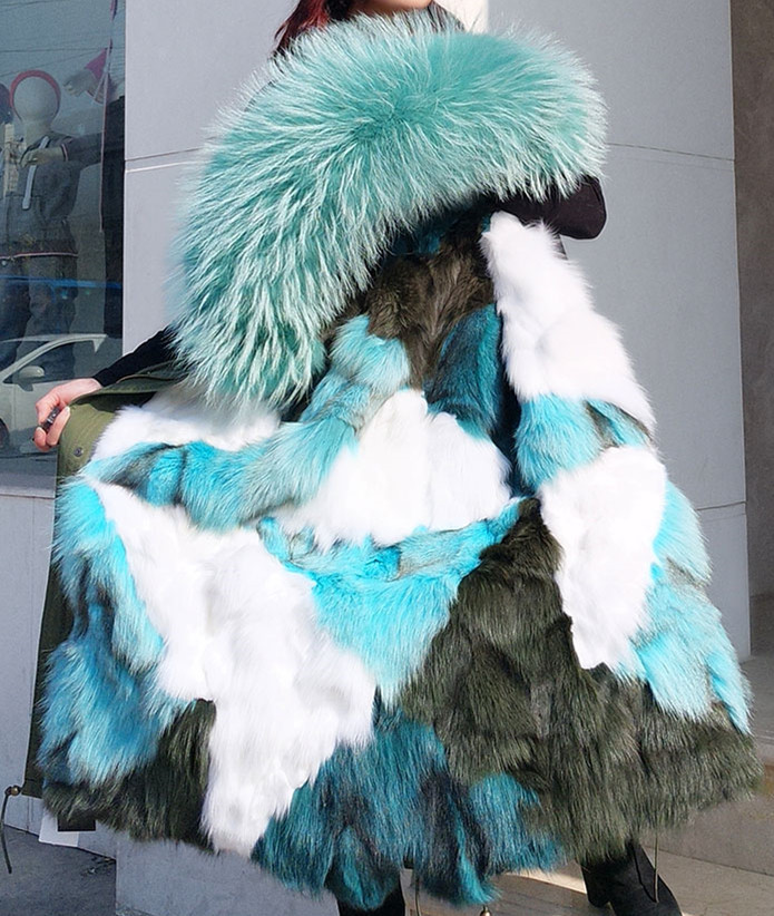 

high quality snow parkas London Green raccoon fur trim hoody mukla furs brand dark green blue white Splicing fox fur lining army long parka, Camouflage coat