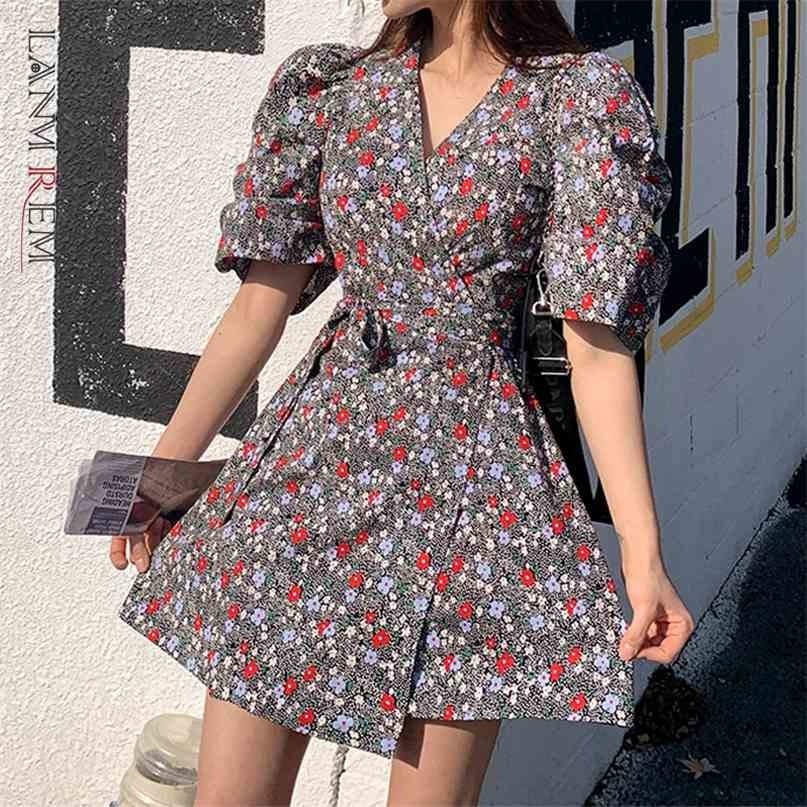 

Floral Dresses Famale Korean Style Summer Short Sleeve V-neck High Waist Bubble Dress YJ545 210526, Pink