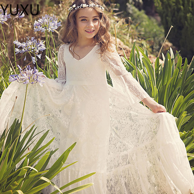 Robes de bal en dentelle blanche pour filles, robes de concours, manches longues, robe formelle de fête d'anniversaire pour enfants, robes de dem