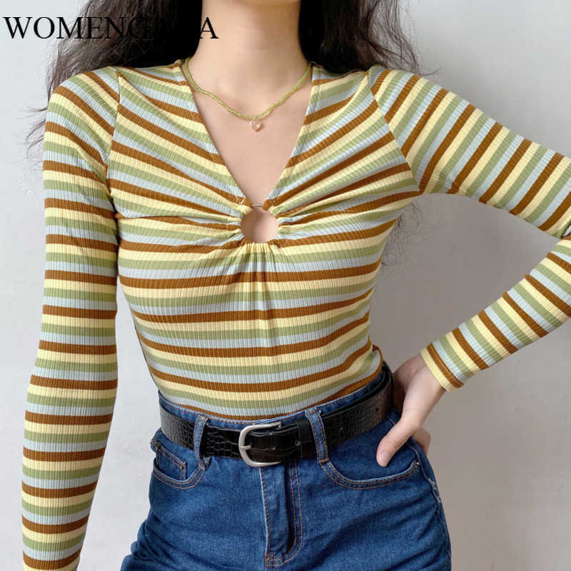 

WOMENGAGA Self-made Niche Design Chest Hollow-out Ring Color Stripes All-match Tull Sleeve Tops Sweater Pullovers 5BFS 210603, Striped