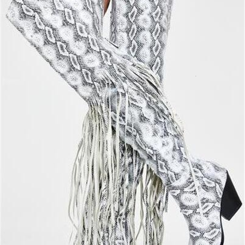 

boots black woman python on her knee super fringe chunky heels pointed at long boots afhh