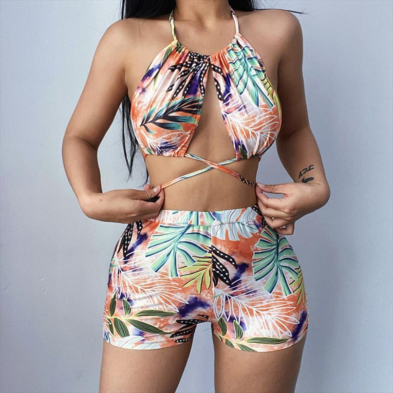 

sruby printed halterneck swimsuit women tracksuits two piece open back and hips suit, Gray