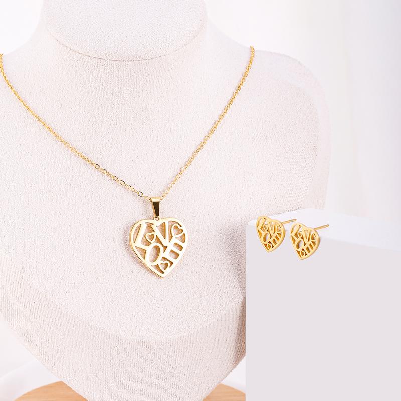 

Earrings & Necklace Hollow Love Heart Pendant Drop Set For Women Girl Gift Classic Stainless Steel Jewelry Sets Trendy, Silver