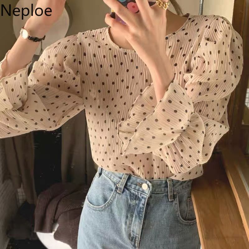 Neploe Womens Tops Spring Blouses Women Korean Sweet Chic Polka Dot Shirt O-neck Puff Sleeve Vintage Blusas Mujer 95140 210422