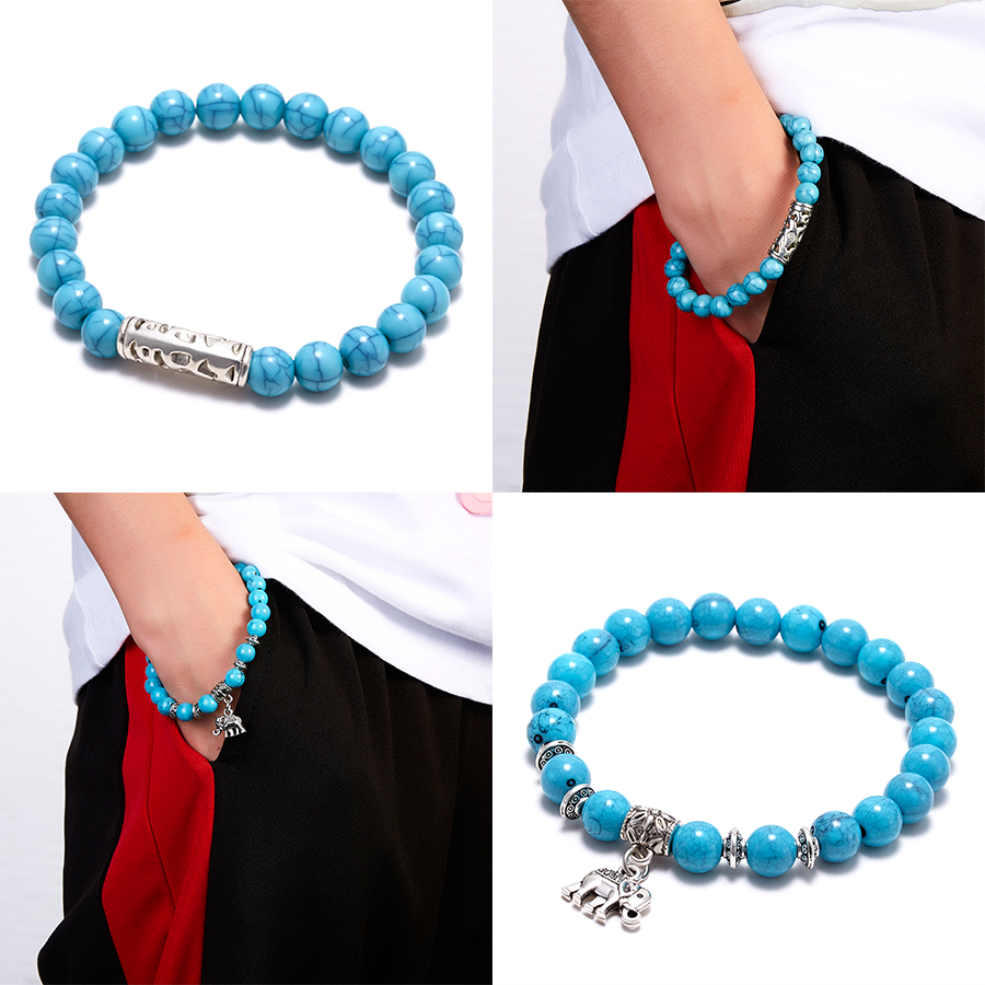 

Natural Stone Bracelet Classic Blue Beaded Bracelets for Men Women Best Friend Jewelry Lucky Elephant Elastic Bangle