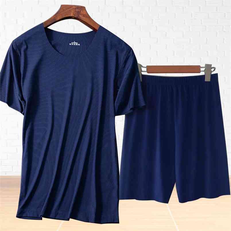 Men's Sets Short Sleeve Shorts Pajamas Summer Ice Silk Sleepwear Threaded Seamless Short-sleeved T-shirt Man Casual Home Clothes 210812