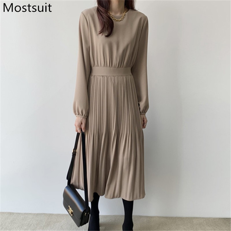 

Autumn Korean Elegant Women Long Dress Sleeve O-neck Pleated Dresses Solid Fashion Ladies Vestidos Femme 210518, Khaki