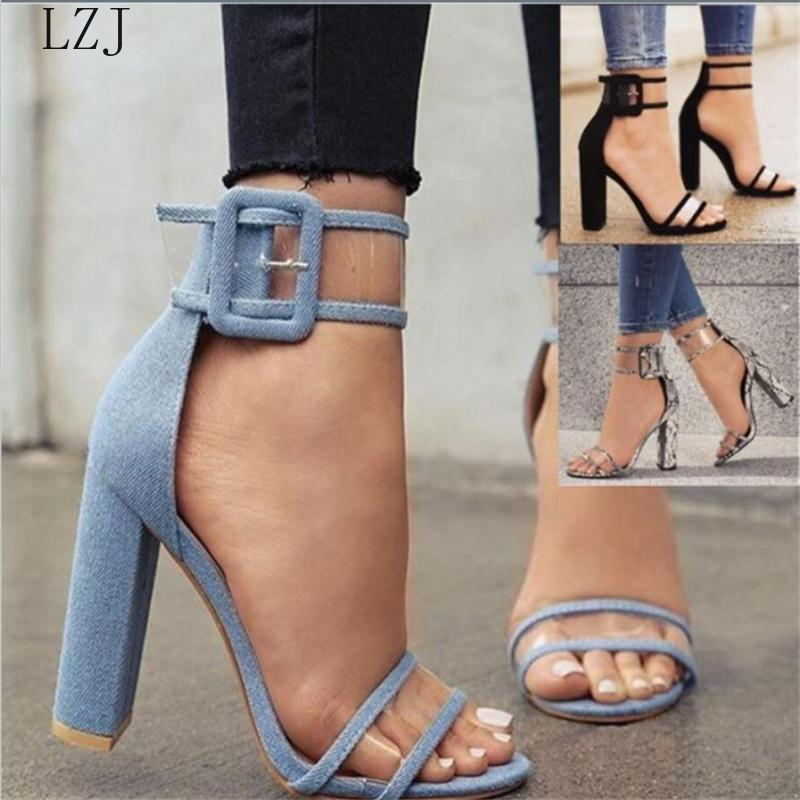

2021 Chunky Heel Sandals Sexy Denim Open Toe Clear Band Block Heel DrSandals New Arrival Zapatos De Mujer Heels for Women X0526, Snake-color