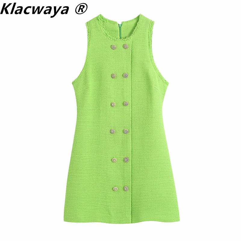 

Za Women's Spring Summer Temperament Fashion Green Round Neck Sleeveless Button Slim Texture Textured Dress 210521