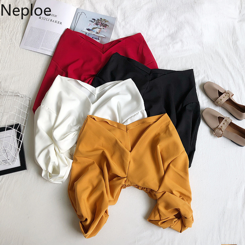

Neploe V Neck Sexy Off Shoulder Puff Long Sleeve Blouse Women Korean Tie Design Slim Short Blusas Spring 2021 New Shirt 49109, White