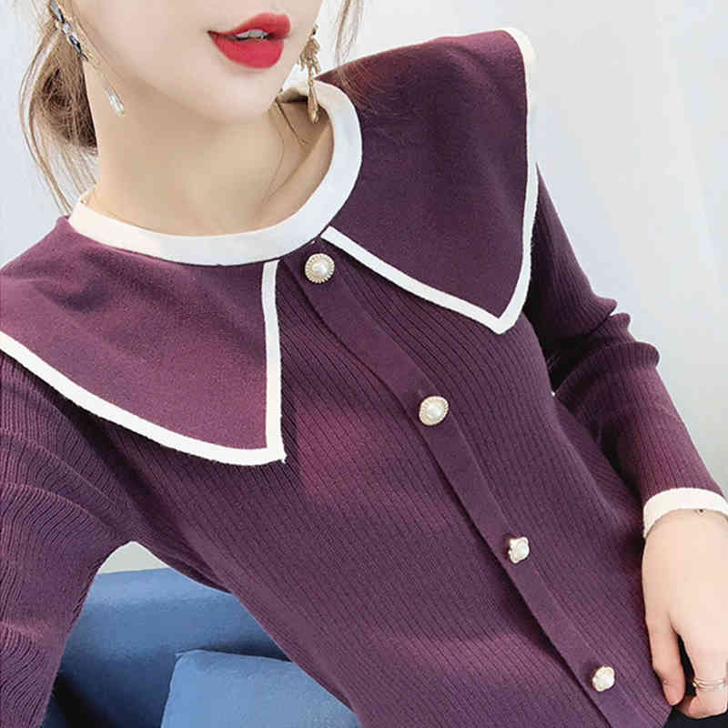

Women's Knits & Tees Sweet Long-sleeved Lapel Sweater Faux Single-breasted Purple S Knit Top FJGB, Beige