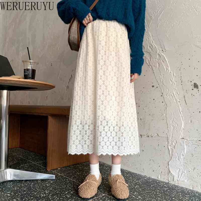 

WERUERUYU Elastic High Waist Lace Skirts Womens Spring Autumn Korean Elegant Casual A-line Black Long Skirt Female 210608, Photo color