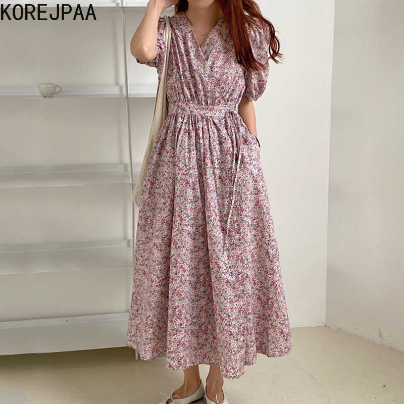 

Korejpaa Women Dress Summer Korean Chic French Retro V-Neck Full Screen Floral Lace-Up Waist Slimming Puff Sleeve Vestidos 210526, Light blue flower