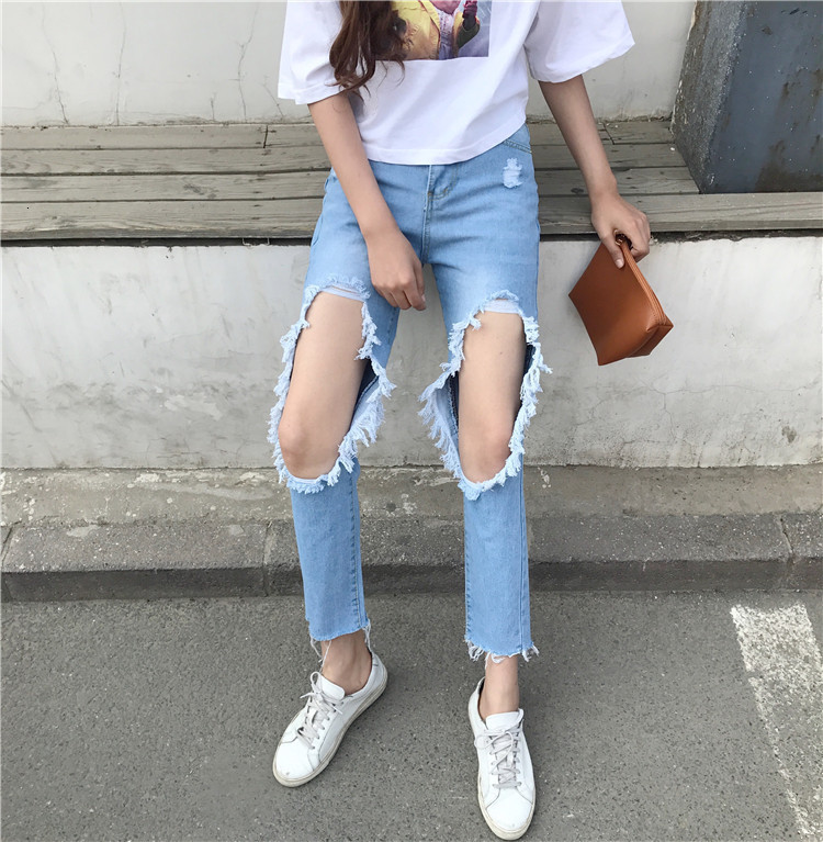 

jeans 2021 summer knee big hole for female students, Blue
