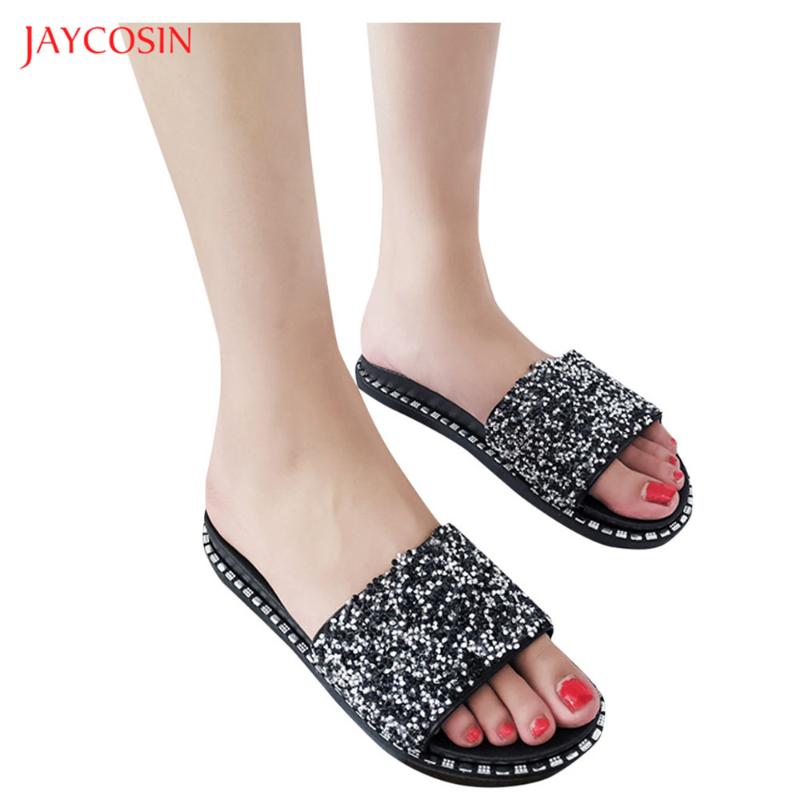 

Slippers Jaycosin Women Summer Shoes Crystal Border Fashion Soft Bottom Non-slip Casual Female Sandals Flat Beach, Black