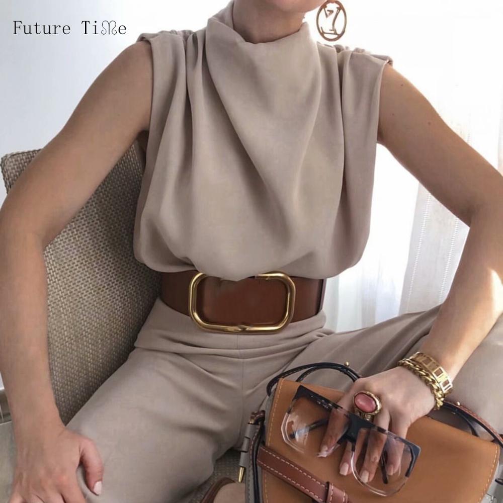 

Draped Collar Womens Tops And Blouses Elegant Sleeveless Solid Office Blouse Ladies Shirt Casual Top Female Streetwear, Ivory