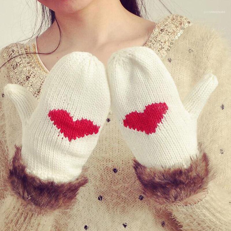 

Five Fingers Gloves Famale Thicker Cashmere Knitted Wool Velvet Mittens Women Winter Warm Cute Plush Wrist Cartoon Red Heart Black L821