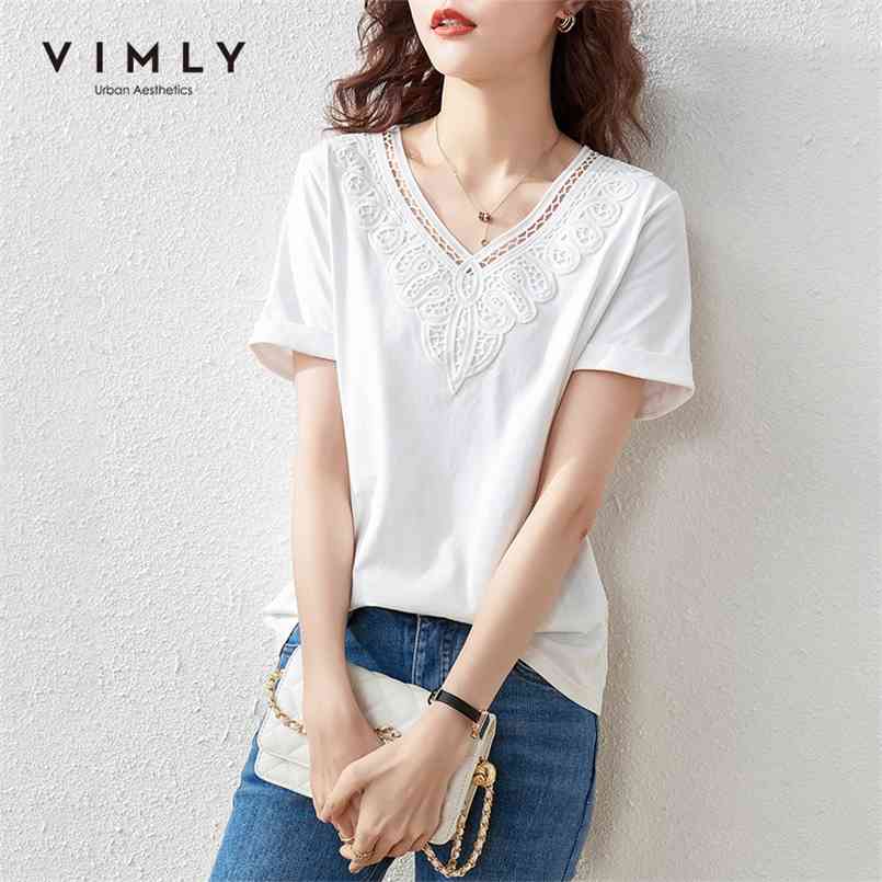 

VIMLY Summer Women T-shirt Casual Top Tee Lace V Neck Short Sleeve White Shirts Vintage Clothes Tops for F7177 210708