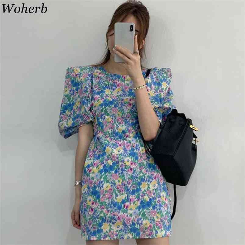 

Casual Chic Retro Floral Print O-neck Mini Dress Women Korean Fashion Elegant Puff Sleeve Dresses Female Vestidos 210519, Blue