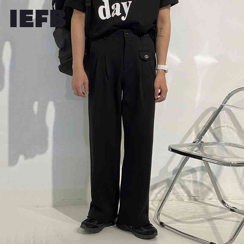 

IEFB Men's Clothing Korean Streetwear Trend High Waist Casual Kintted Pants Black Elastic Waist Wide Leg Straight Trousers Y6913 210524