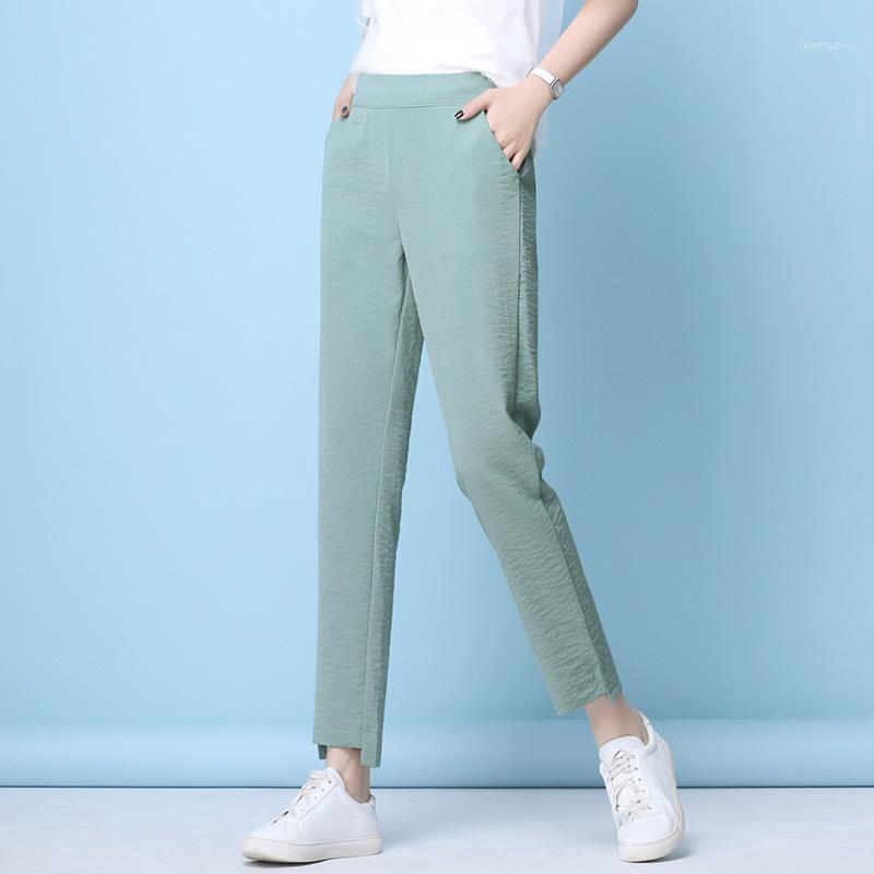 

Women's Pants & Capris Women Summer Linen Cropped Straight Thin Solid Color Elastic Band High Waist Feet Trousers Plus Size S 6XL, Black;white