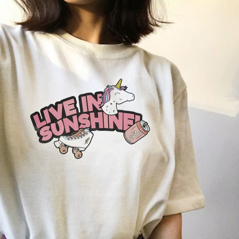 

Unicorn Live In The Sunshine Graphic Tee Casual Funny Harajuku Hipster Cartoon Women Clothing O Neck White T-Shirt 210518