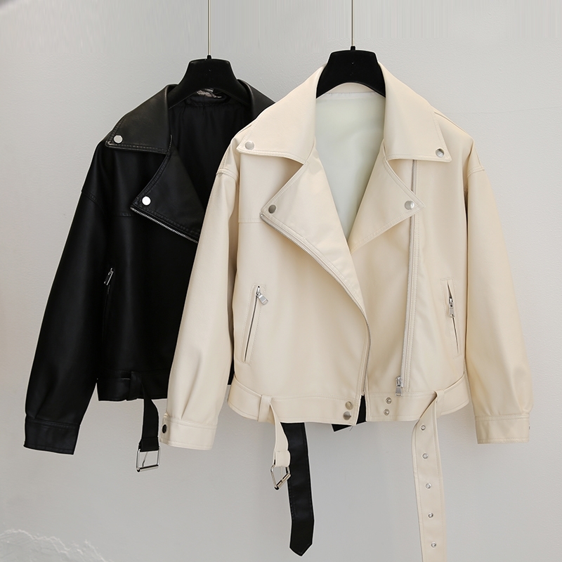 

Women Oversize Jacket Spring Autumn Loose Zipper Leather Coat Ladies Turn Down Collar Biker Moto Coats with belt 210602, Creamy-white