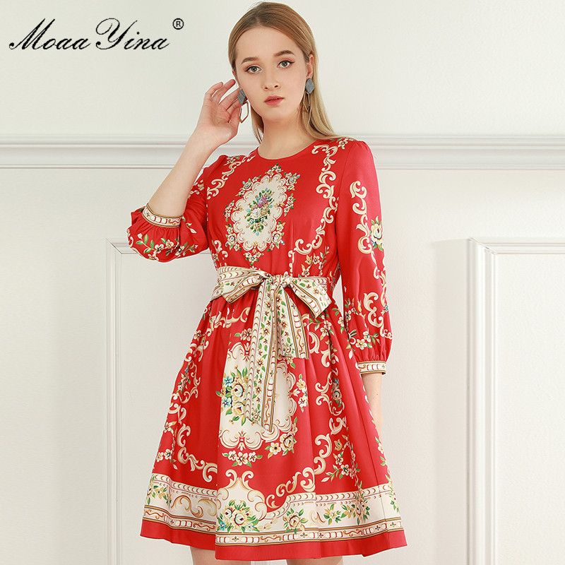 

Fashion Designer dress Summer Women's Dress Vintage Floral-Print Beaded lace-up Dresses 210524, Red