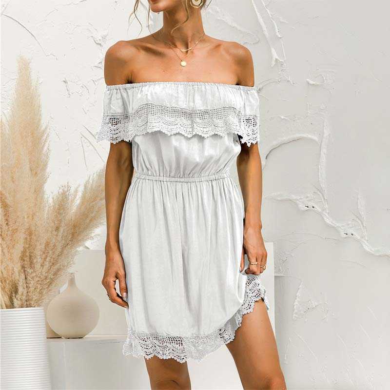 

Off Shoulder Slash Neck Sexy Lace Patchwork Dress Women Solid Color High Waist Backless Short Sleeve Casual Office Short Dresses 210608, Black