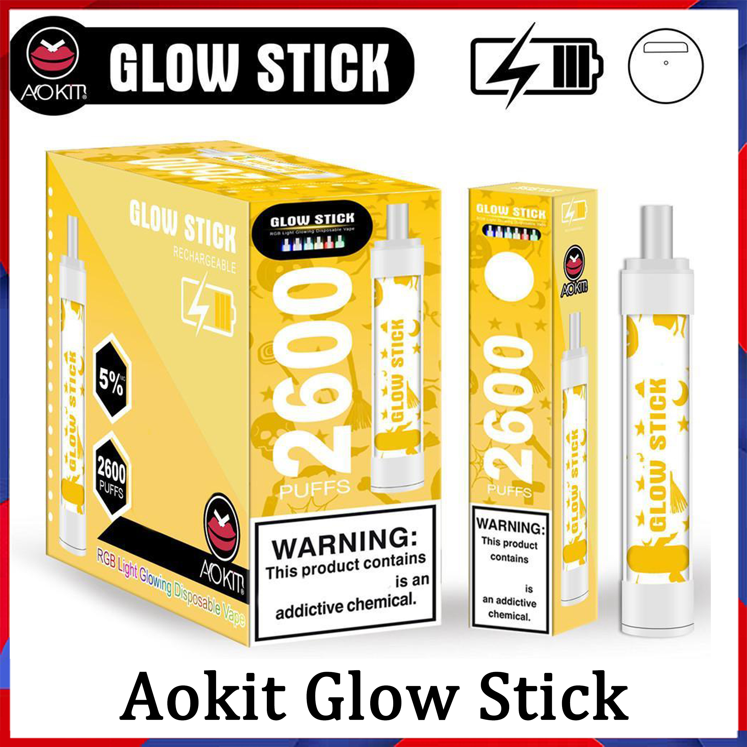 

100% Original Aokit Glow Stick Disposable Device Cigarettes 2600 Puffs 8ML Pre-Filled Vape Pods Rechargeable Battery Aviliable Loy xl